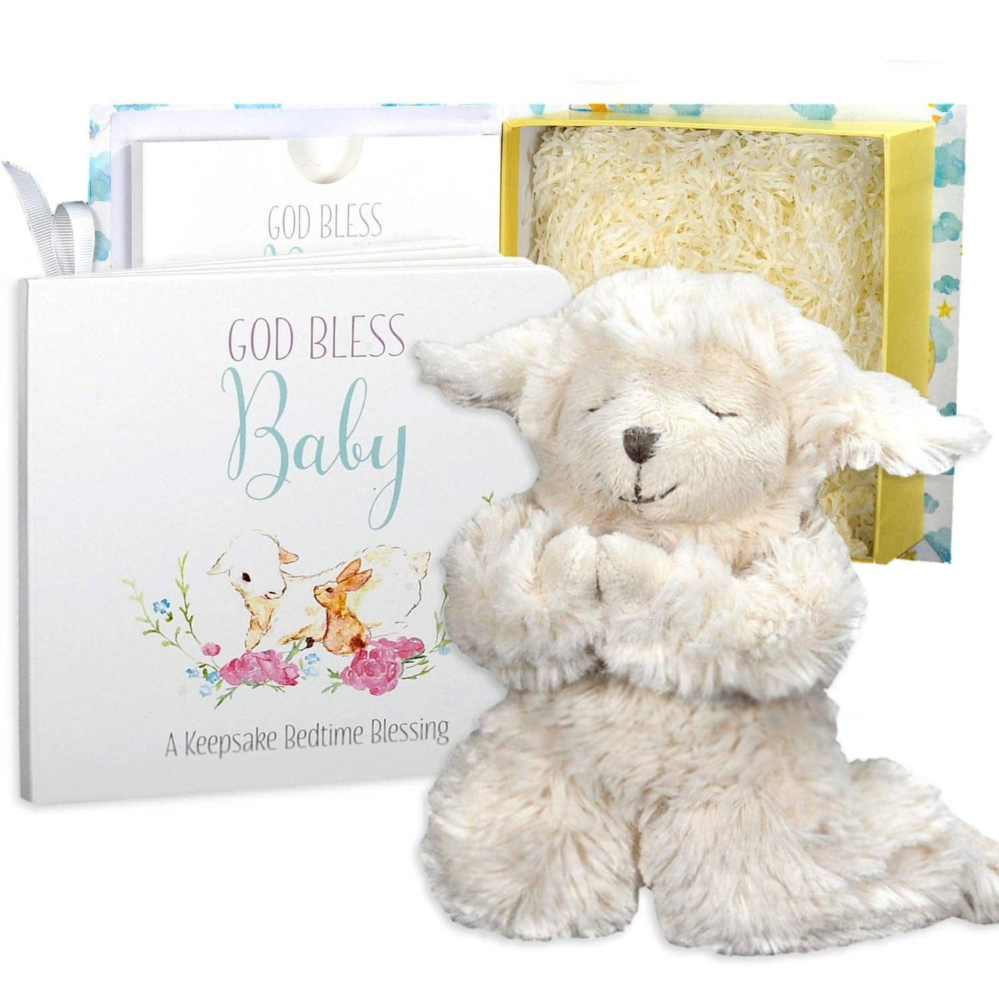 Bearington God Bless Baby Gift Set w/ Book, Praying Lamb and Book