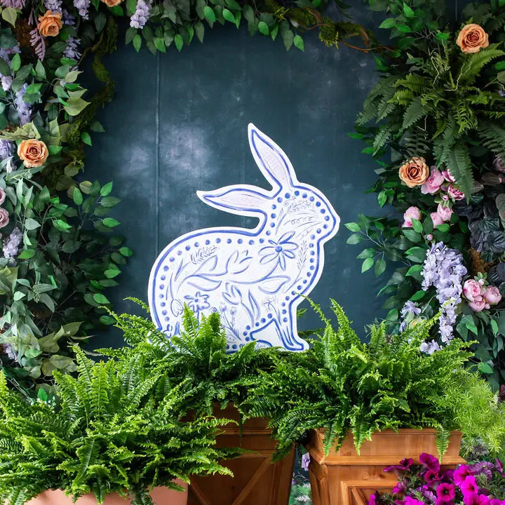 Songbird Grove Blue Chinoiserie Bunny Garden Stake - Right Facing Large