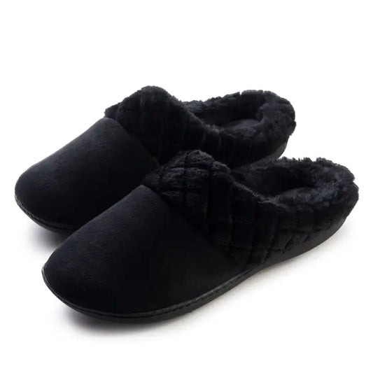 Roxoni Women's Black Slippers with Diamond Plush Fur Trim