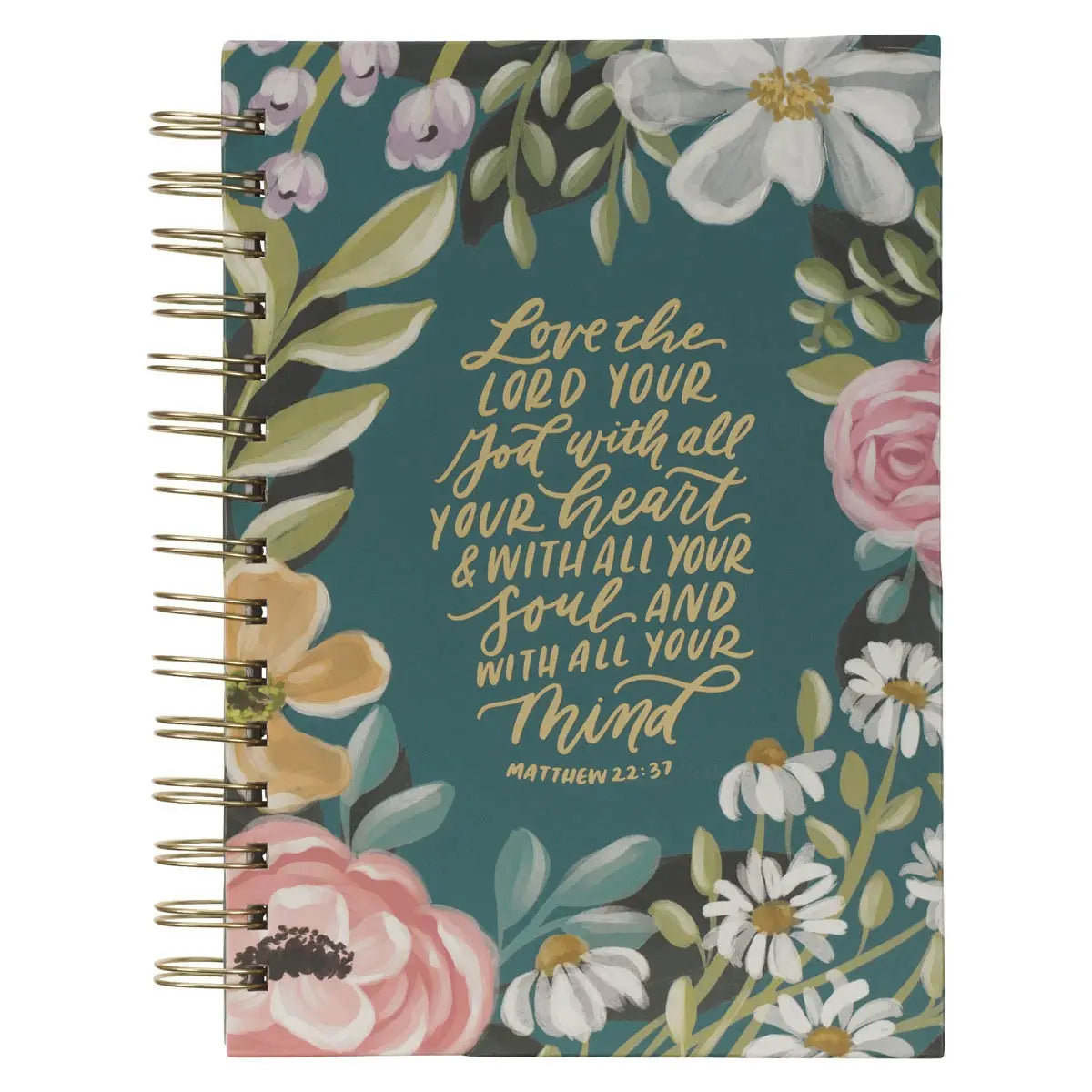 Christian Art Gifts | Journal Wirebound | Teal Floral Love the Lord Matt. 22:37