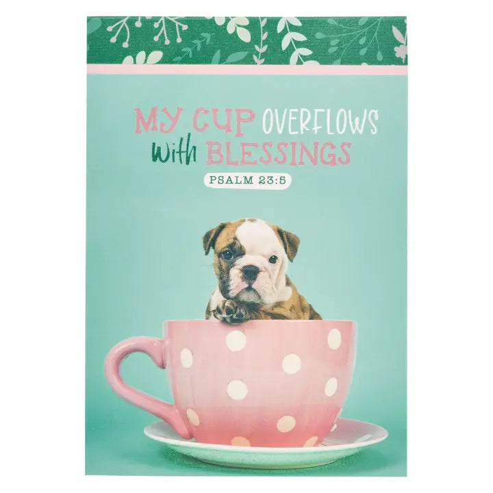 Christian Art Gifts Notepad Teal Puppy My Cup Overflows Ps. 23:5