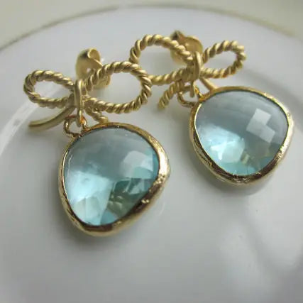 Laalee Aquamarine Blue Earrings Gold Bow