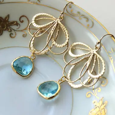 Laalee Aquamarine Earrings Gold Feather