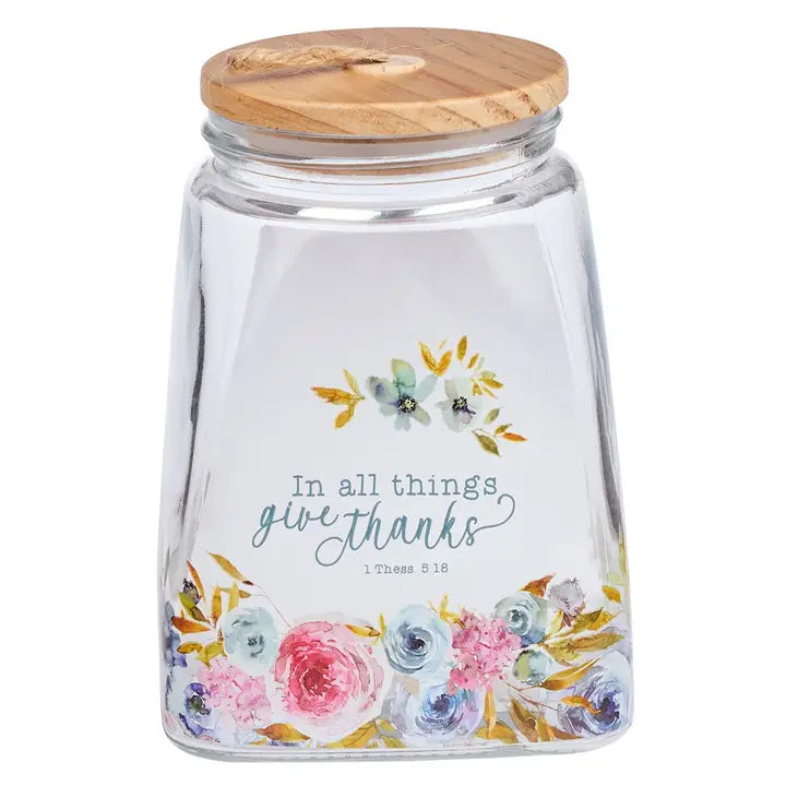 Christian Art Gifts | Glass Gratitude Jar with Cards | Give Thanks Pink Ranunculus