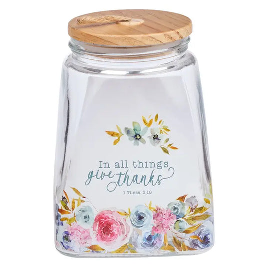 Christian Art Gifts Give Thanks Pink Ranunculus Glass Gratitude Jar with Cards -