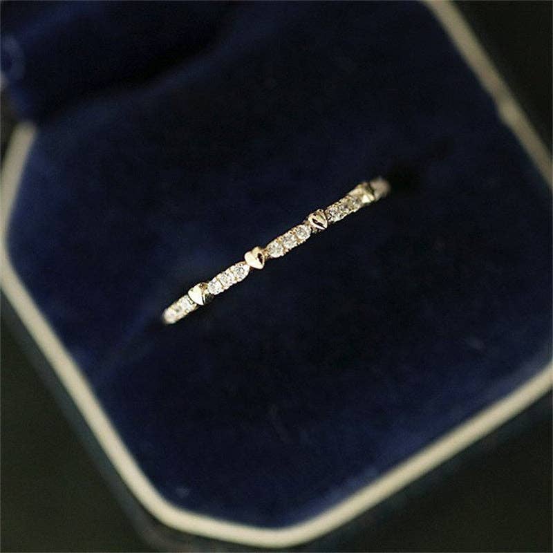 Heart Pave Setting Thin Stacking Ring in 925 Sterling Silver: Gold / 8 US
