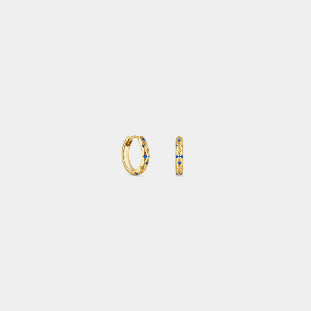 Dainty Gold Star Huggie Hoop Earrings in 925 Sterling Silver: Gold/Blue