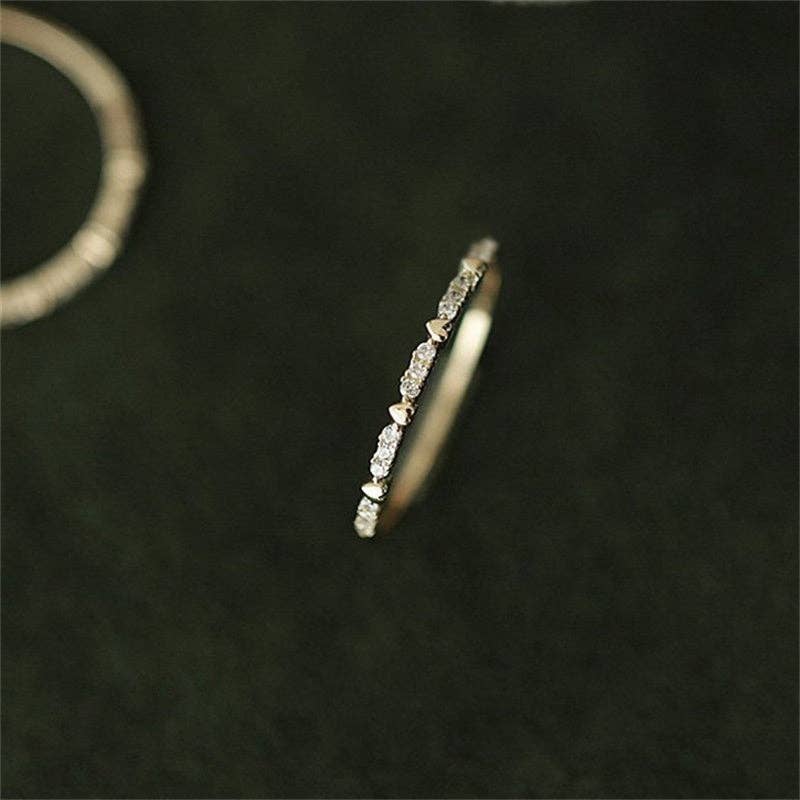 Heart Pave Setting Thin Stacking Ring in 925 Sterling Silver: Gold / 8 US