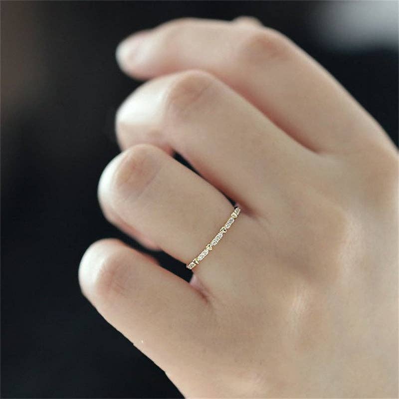Heart Pave Setting Thin Stacking Ring in 925 Sterling Silver: Gold / 8 US
