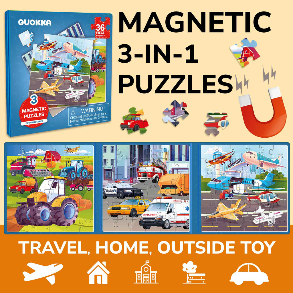 Quokka Magnetic Puzzles 3x36 Pcs Puzzles for Kids | Transport