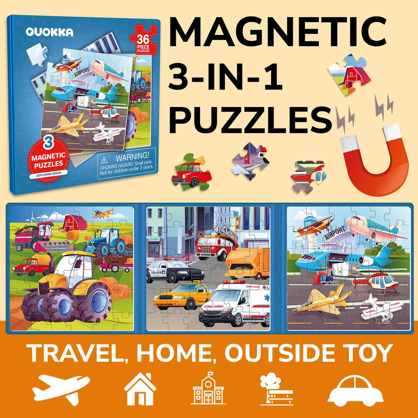 Quokka Magnetic Puzzles 3x36 Pcs Puzzles for Kids | Transport