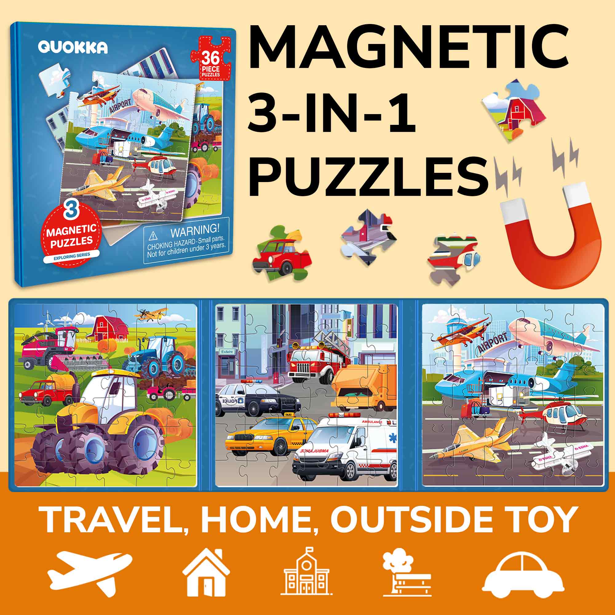 Quokka Magnetic Puzzles 3x36 Pcs Puzzles for Kids | Transport
