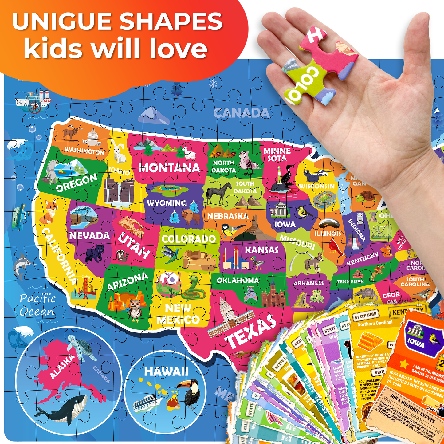 Quokka USA Map Puzzle with Question Cards | 150 pieces