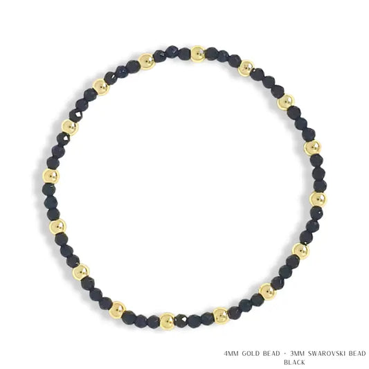 Savvy Bling Gold Filled & Black Swarovski Crystal Beaded Bracelet 4mm/3mm