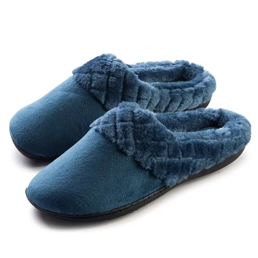 Roxoni Women's Blue Slippers with Diamond Plush Fur Trim