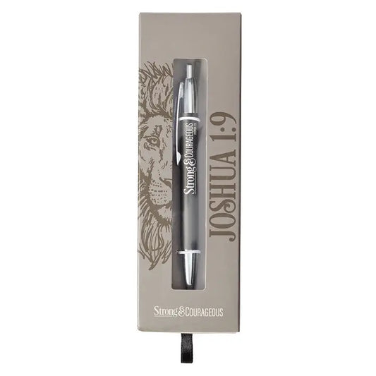 Christian Art Gifts Pen in Gift Box Gray Strong & Courageous Josh. 1:9