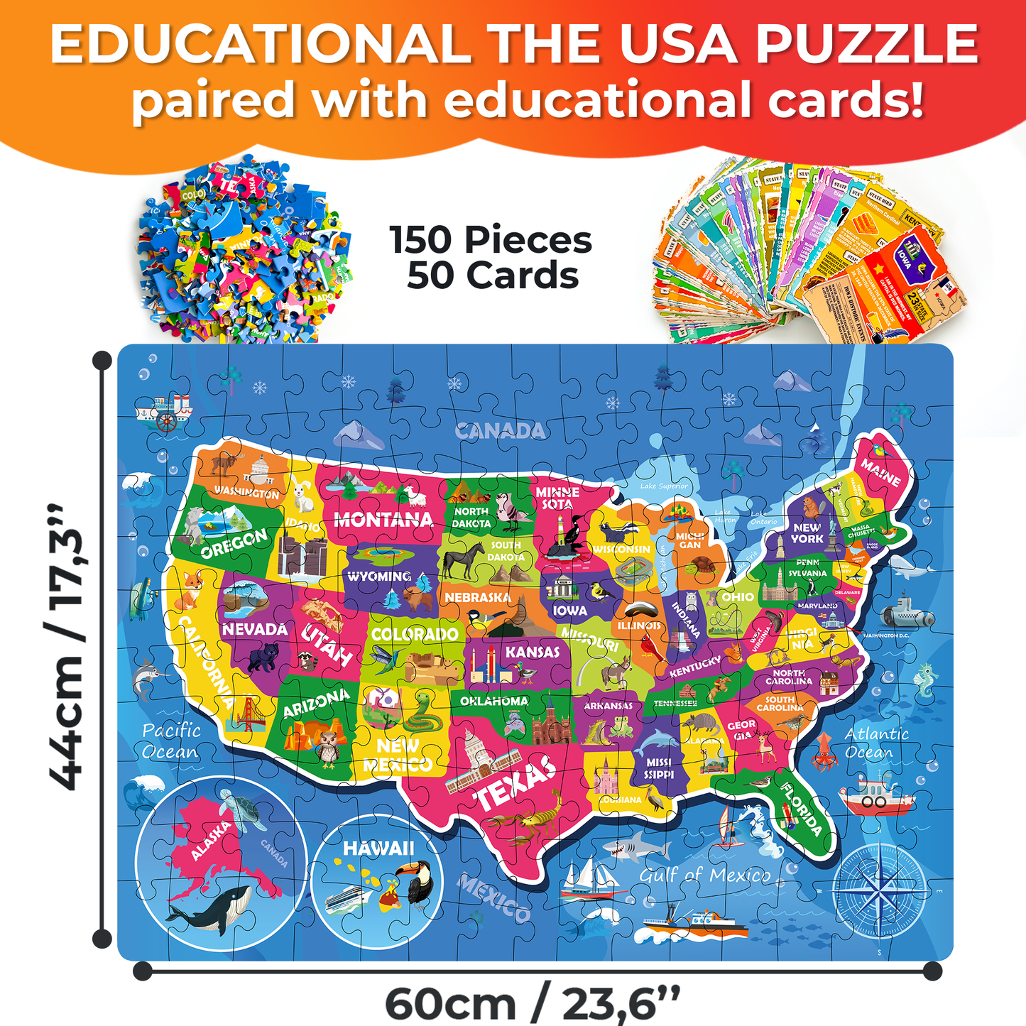 Quokka USA Map Puzzle with Question Cards | 150 pieces