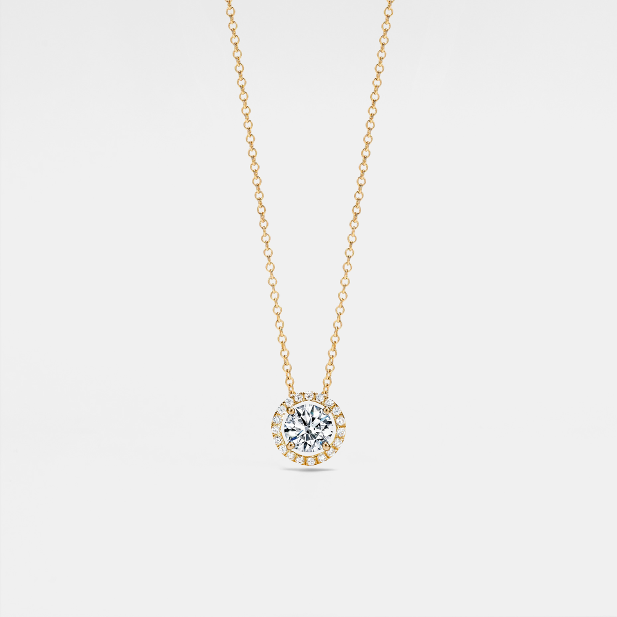 Perimade & Co. | Four-Prong Moissanite Halo Necklace | Yellow Gold 1.0 ct
