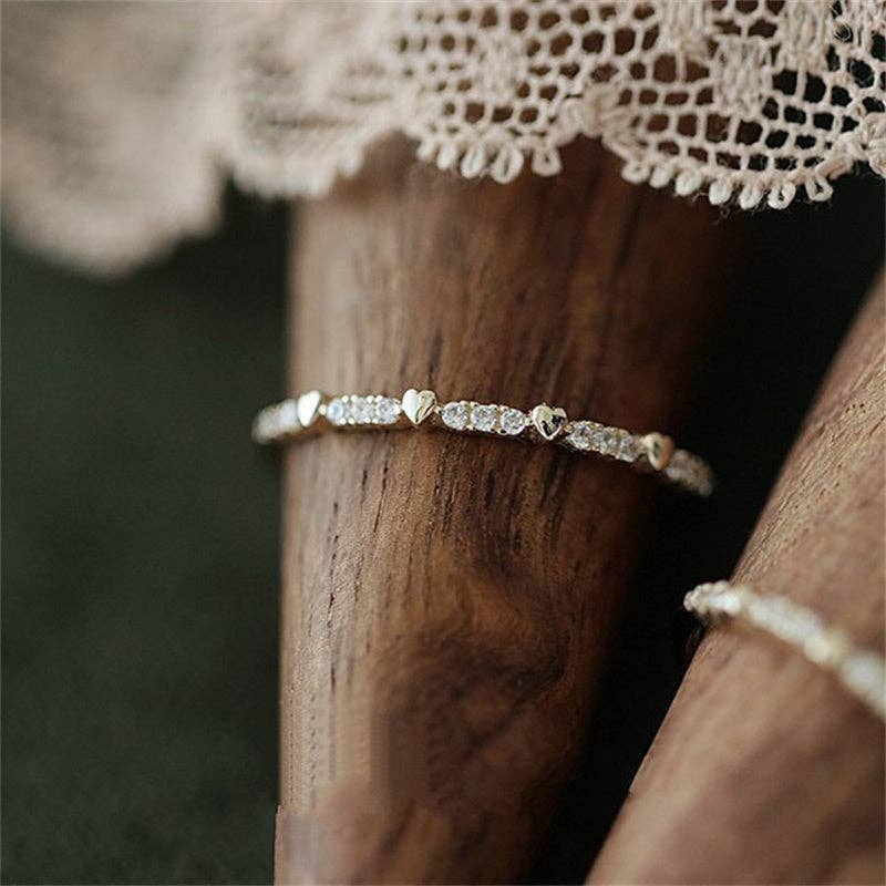 Heart Pave Setting Thin Stacking Ring in 925 Sterling Silver: Gold / 8 US