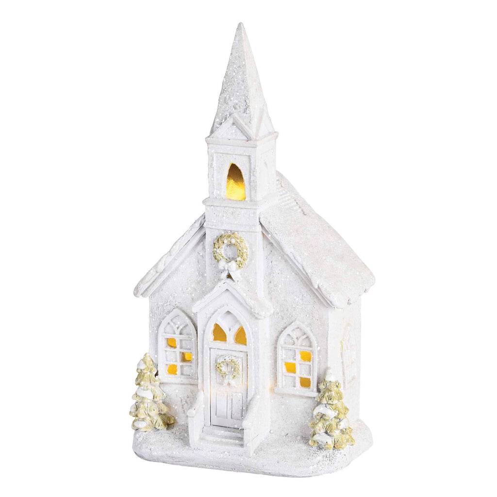 Lighted Figurine Church Snow Wreath 9.5H