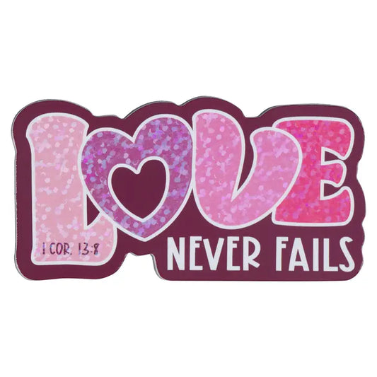 Christian Art Gifts Magnet Pink/Purple Love Never Fails 1 Cor. 13:8