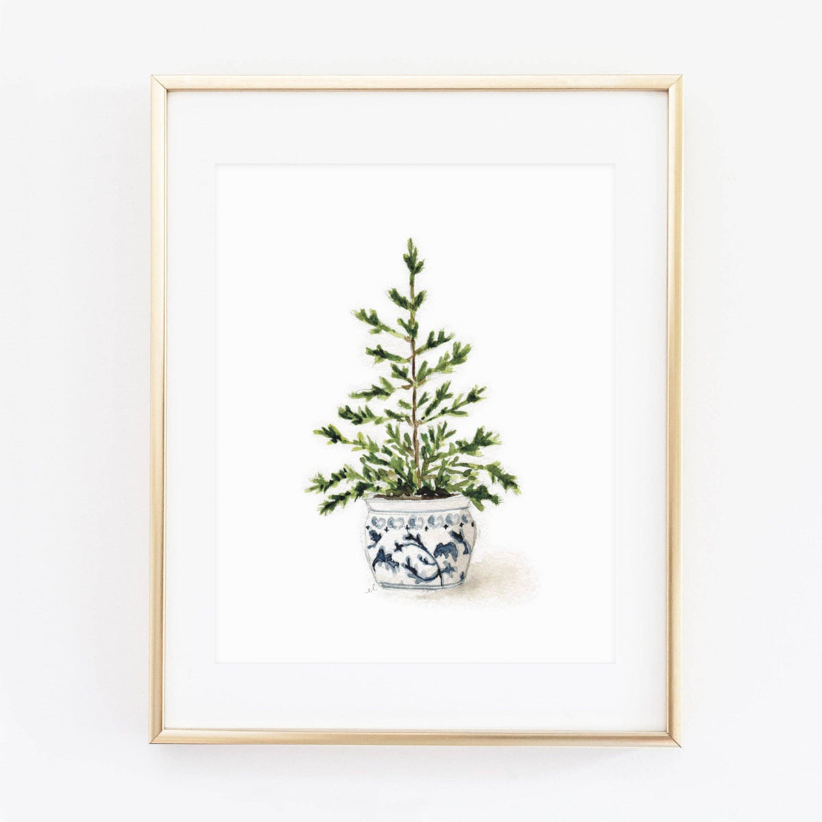 Blue potted tree watercolor wall art print