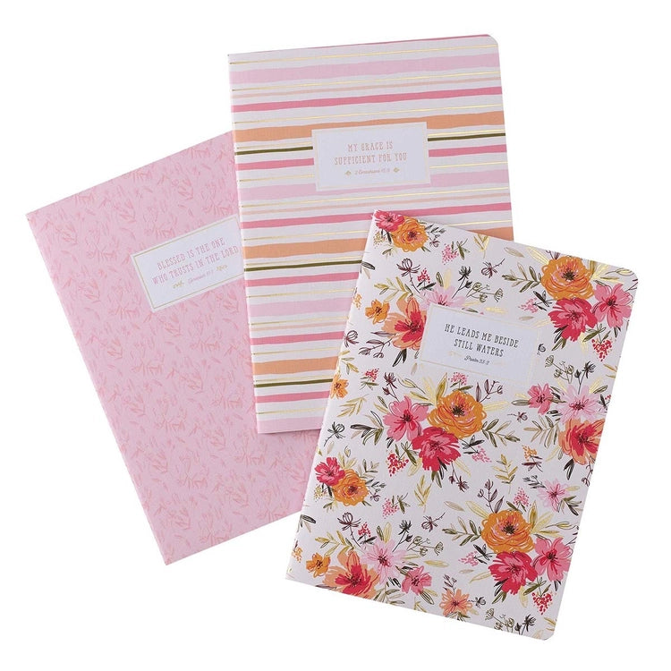 Christian Art Gifts | He Leads Me Pink Floral Large Notebook Set - Psalm 23:2