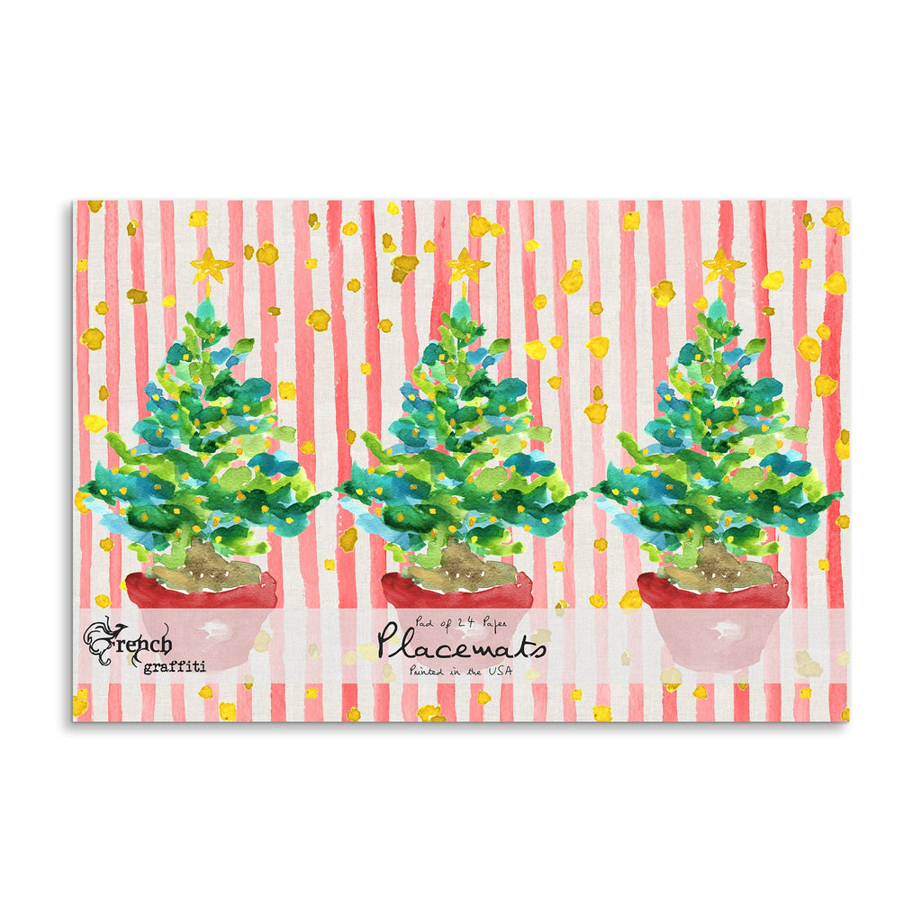 French Graffiti Red Potted Christmas Tree Paper Placemats