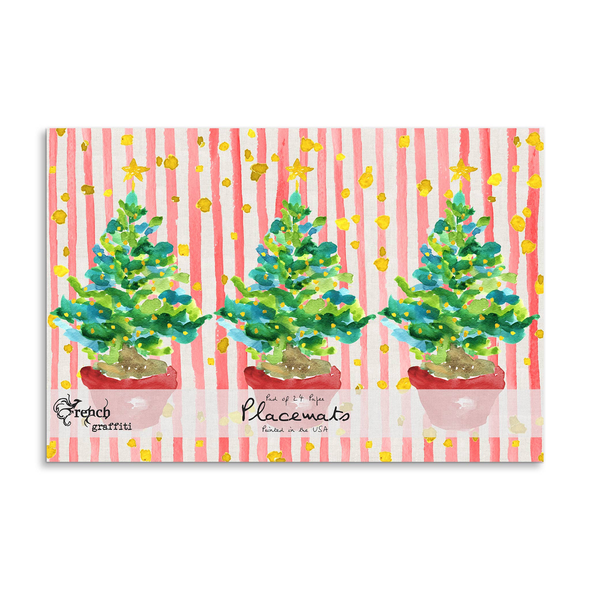 French Graffiti Red Potted Christmas Tree Paper Placemats
