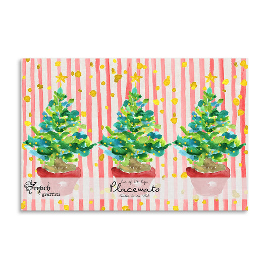 French Graffiti Red Potted Christmas Tree Paper Placemats