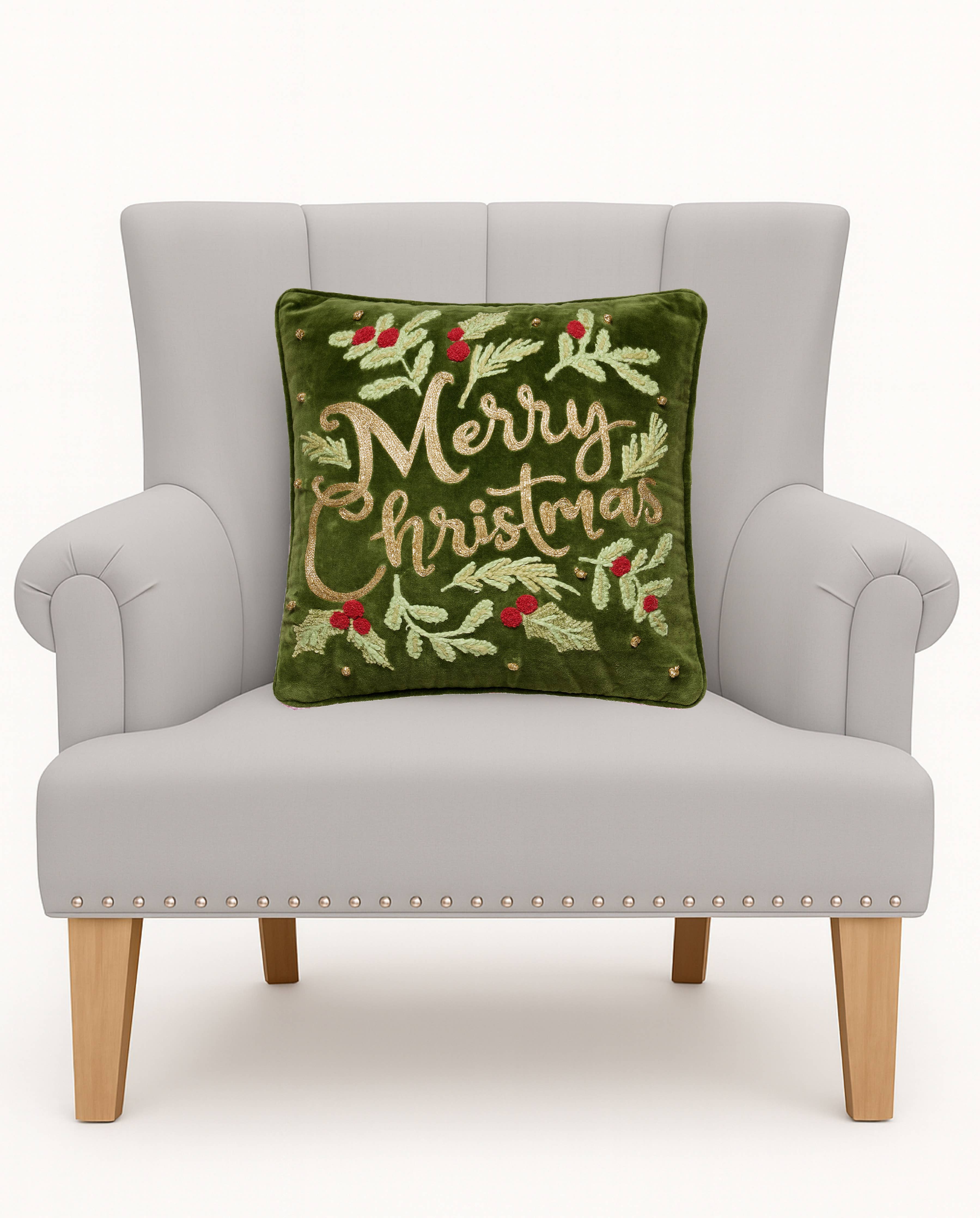 Merry Christmas Embroidered Pillow