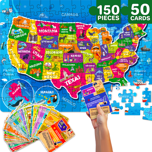 Quokka USA Map Puzzle with Question Cards | 150 pieces
