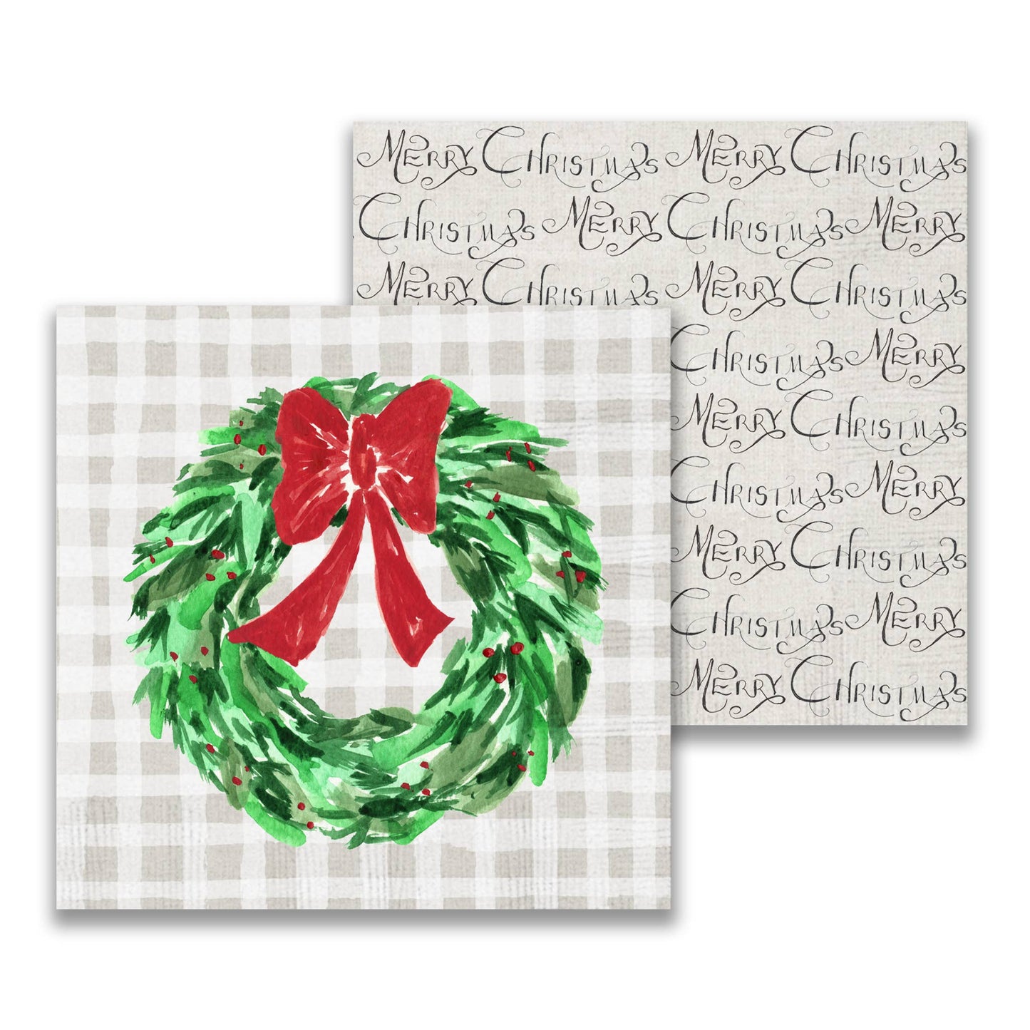 French Graffiti Christmas Wreath with Red Bow Cocktail Napkin
