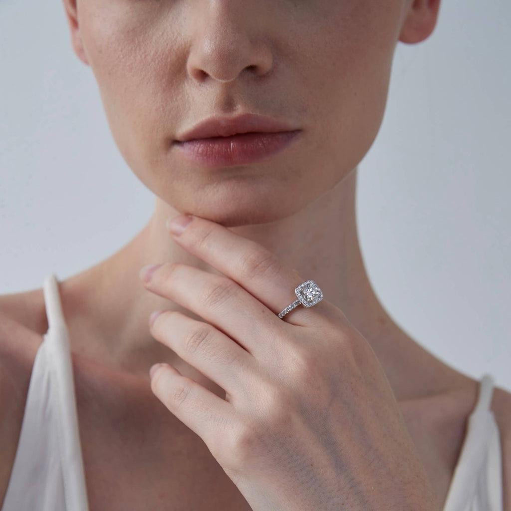 Moissanite Halo Engagement Band Ring in 925 Sterling Silver: 1.0 ct / 7 1/3 US/CA