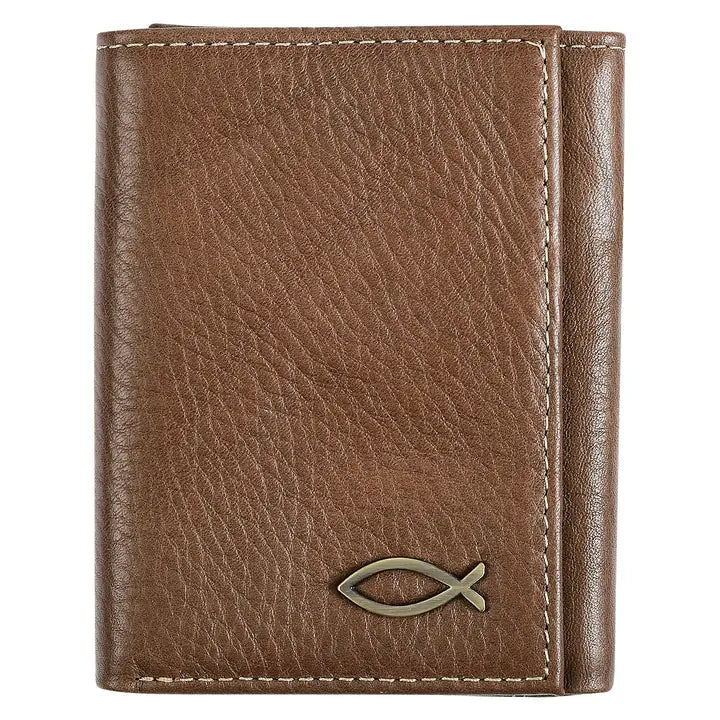 Christian Art Gifts | Wallet | Leather Brown Ichthus Badge