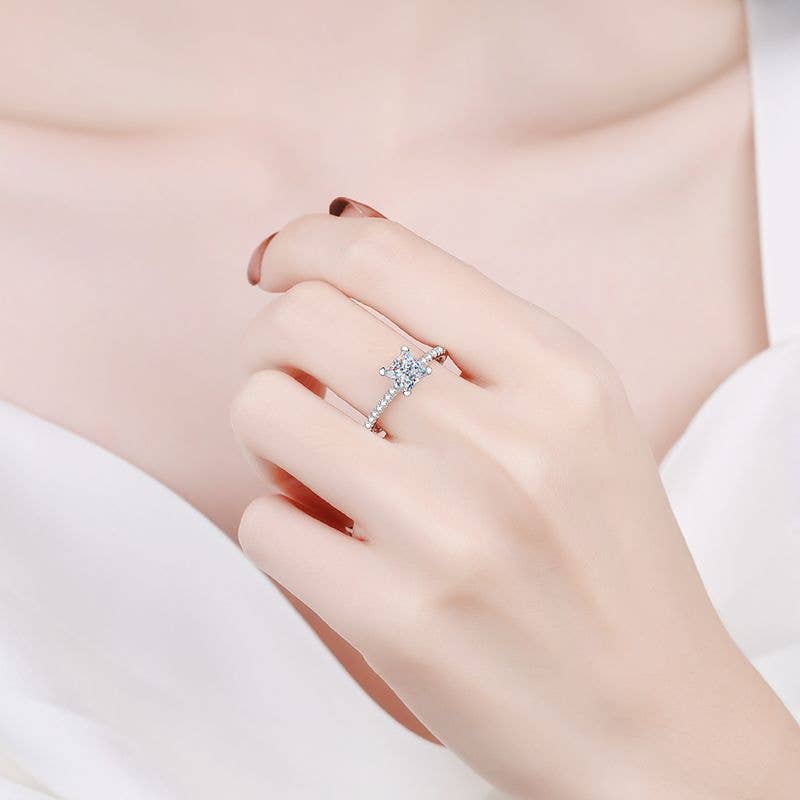 Princess Cut Moissanite Pave Ring in 925 Sterling Silver: 2.0 ct / 8 1/4 US/CA