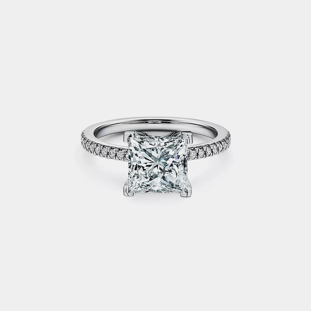 Princess Cut Moissanite Pave Ring in 925 Sterling Silver: 2.0 ct / 6 1/2 US/CA